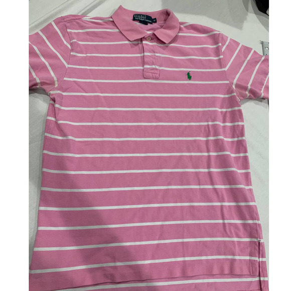Polo Ralph Lauren Mesh Knit Horizontal Stripe Polo Shirt in Pink & White Size M - Picture 1 of 8